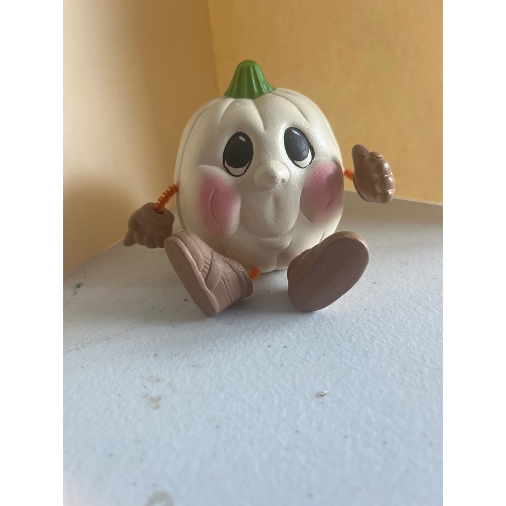 Vintage Style White Ceramic Pumpkin Figurine Posable Arms Legs Fall Decor